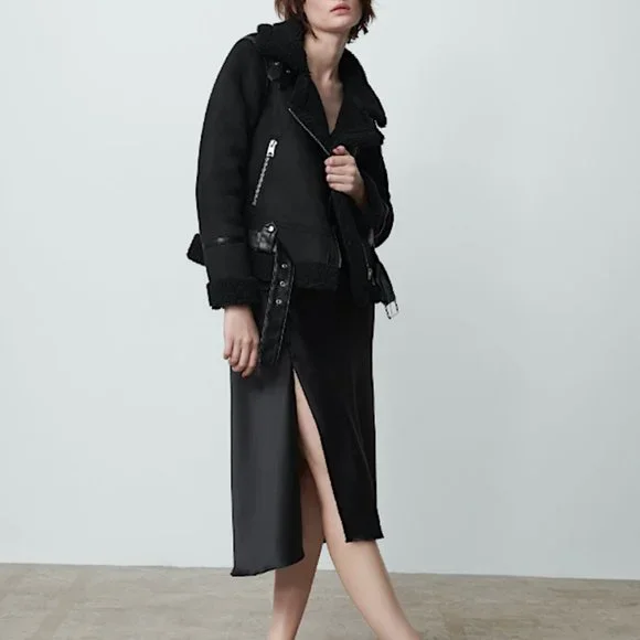 ZARA WOMEN BLACK DOUBLE FACED FAUX SUEDE MOTO JACKET SIZE XS NWT - Picture 2 of 12